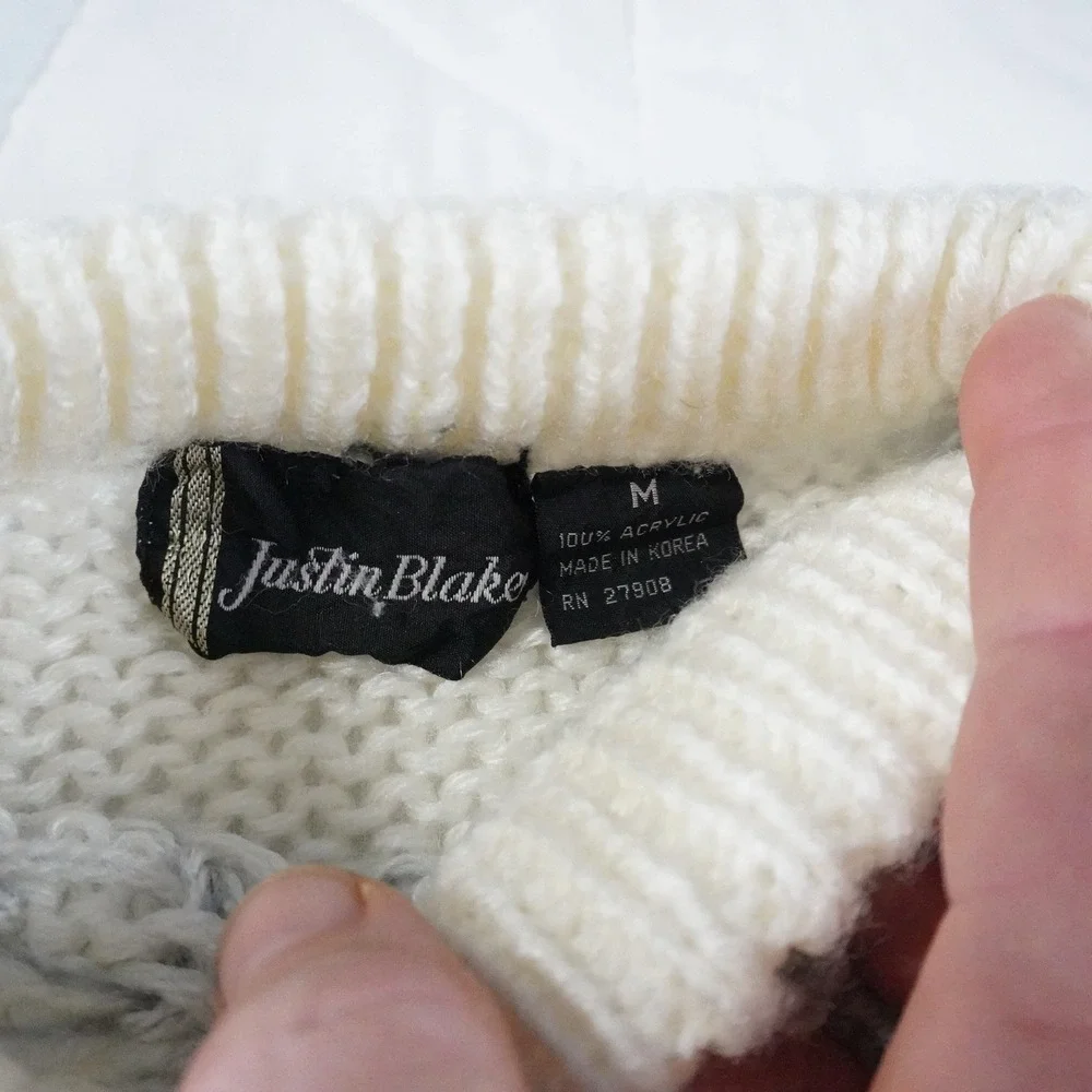 VTG 80s Justin Blake Men's Crew‎ Neck Sweater M White Geometric Pattern Acrylic